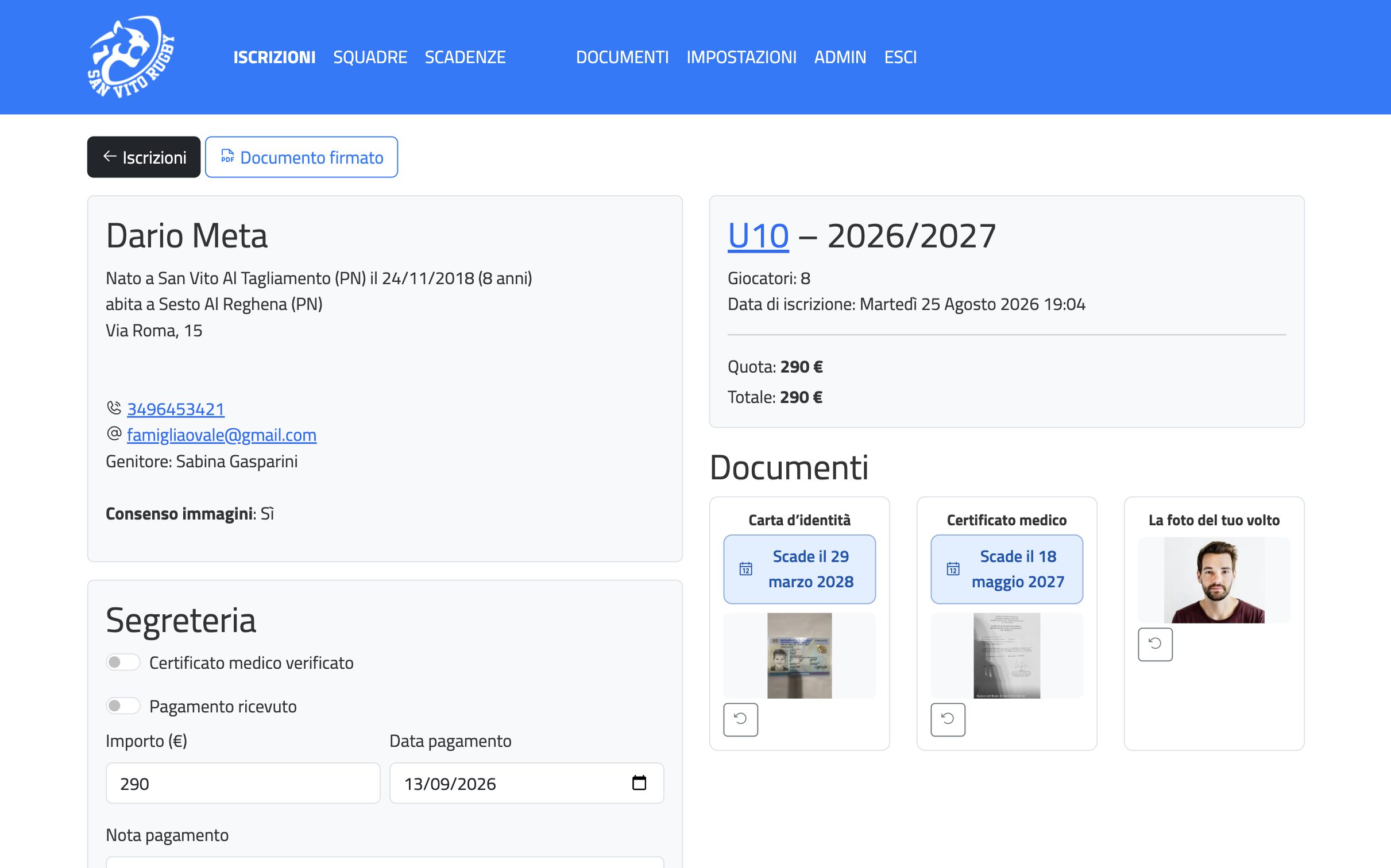 Scheda iscrizione con documenti e pagamenti