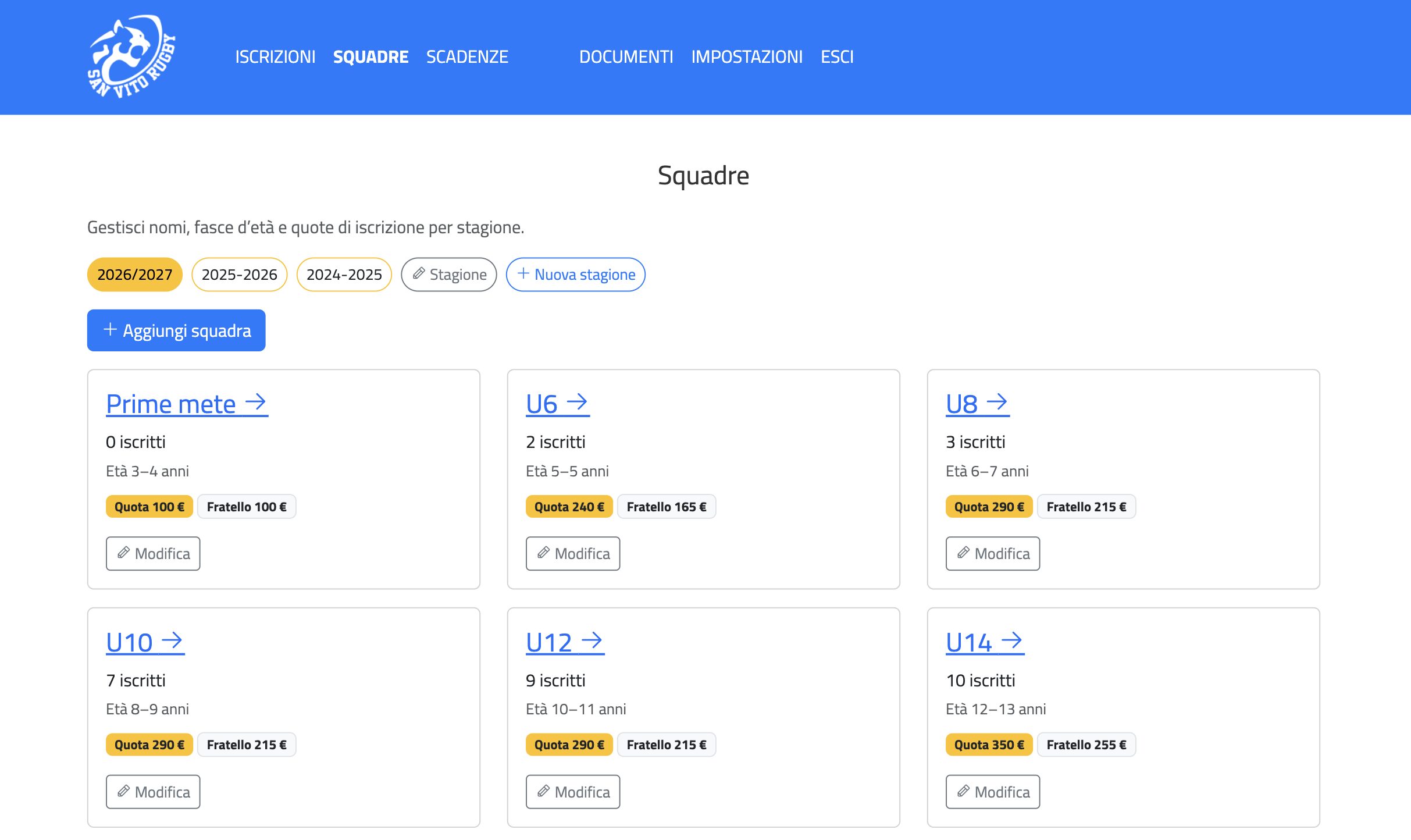 Gestione squadre e quote per stagione